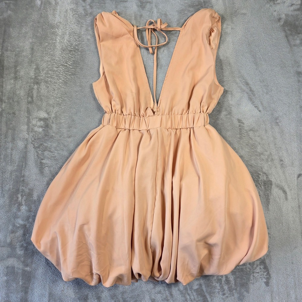 SHEINBAE Peach V-Neck Bubble Hem Mini Dress Sleeveless Tie Back Size S Party - Picture 6 of 6